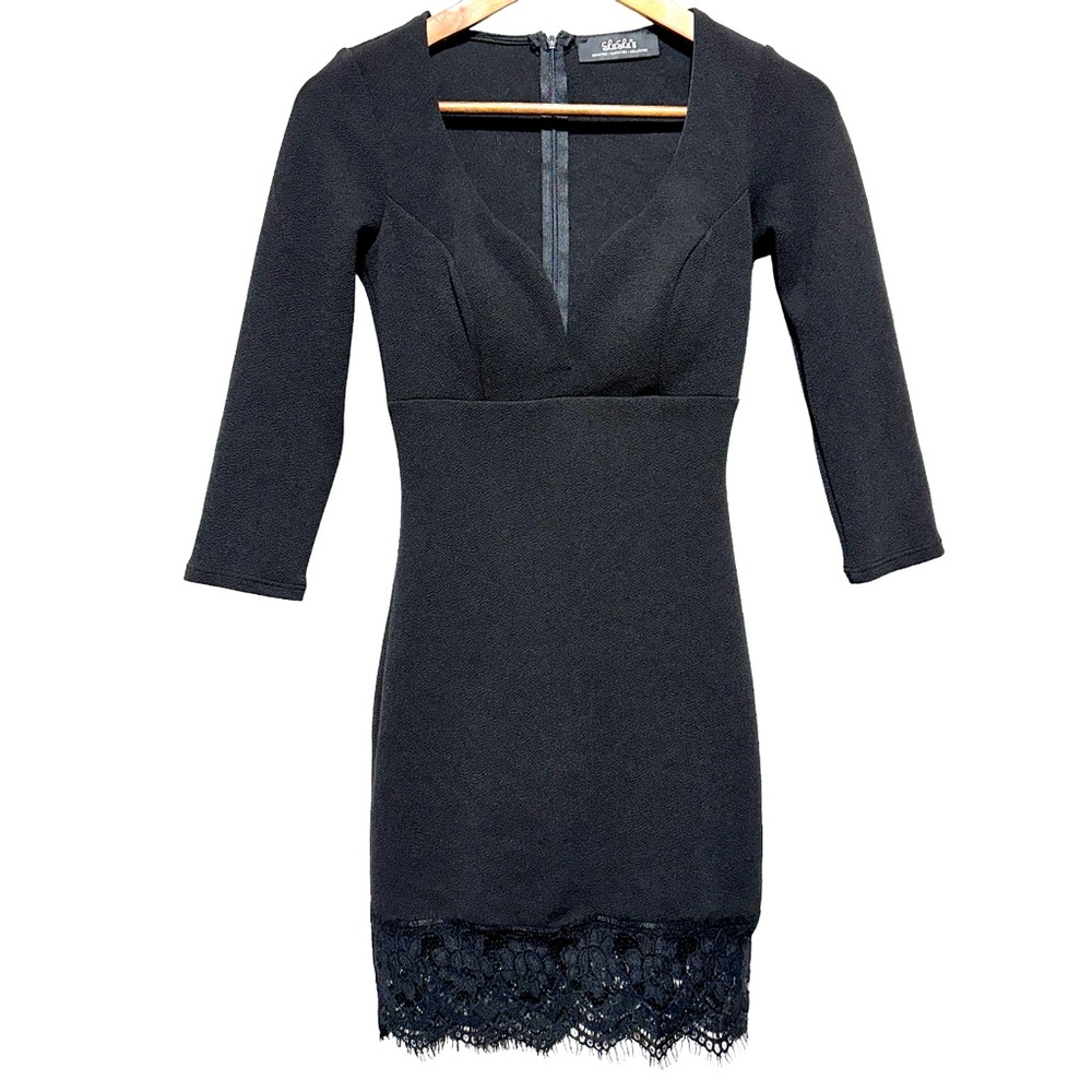 LULUS Black Plunge Lace Hem Bodycon Dark Feminine Coquette Dress